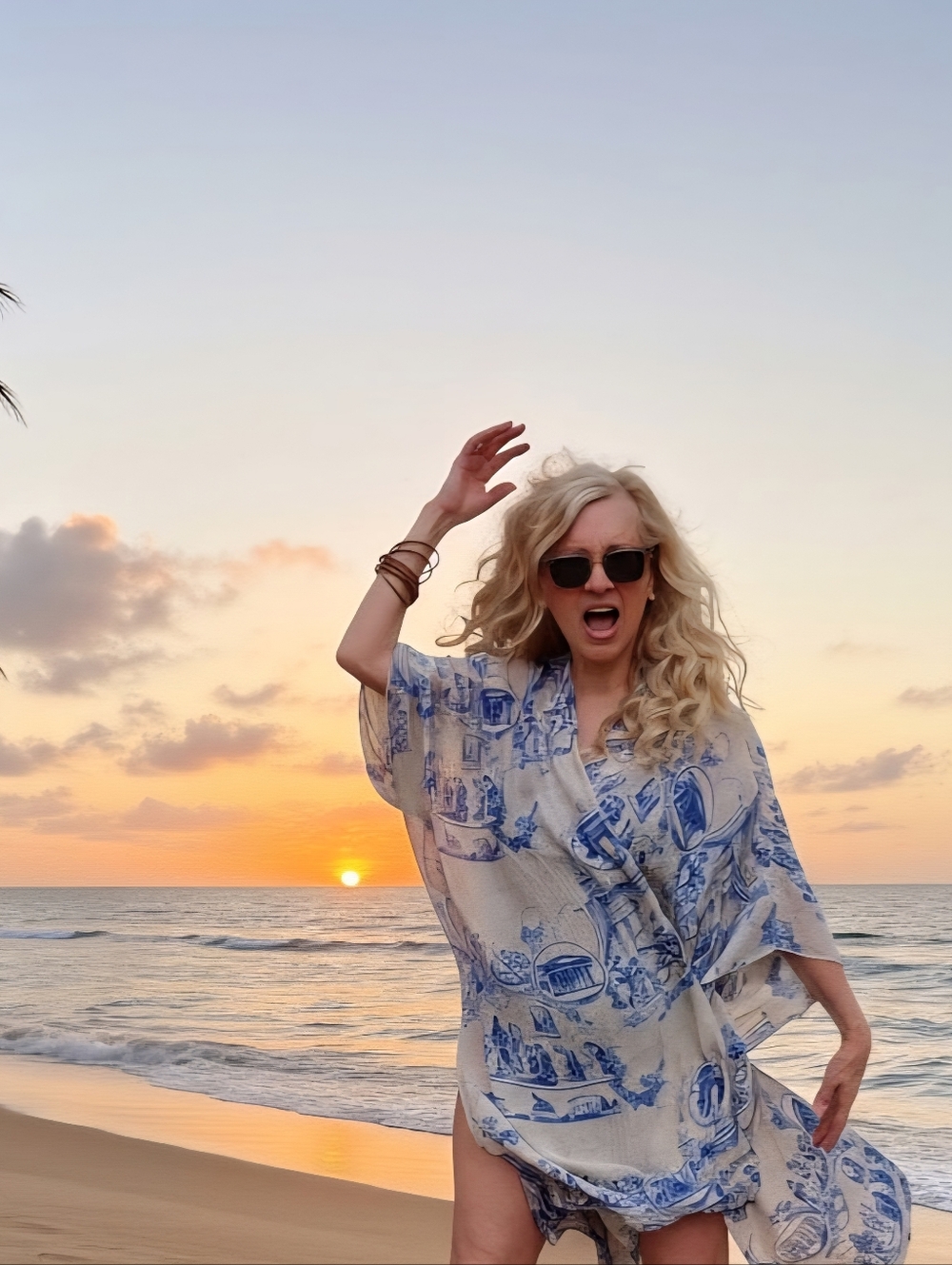 One Hundred Stars Ex Cond & Pro Clean Silky Blue Printed Beach Cover-Up, OS, $50